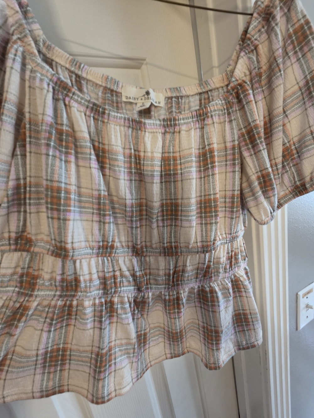 Daisy & Deliah Blue Plaid Off-Shoulder Top - Cream, Pink, Rust